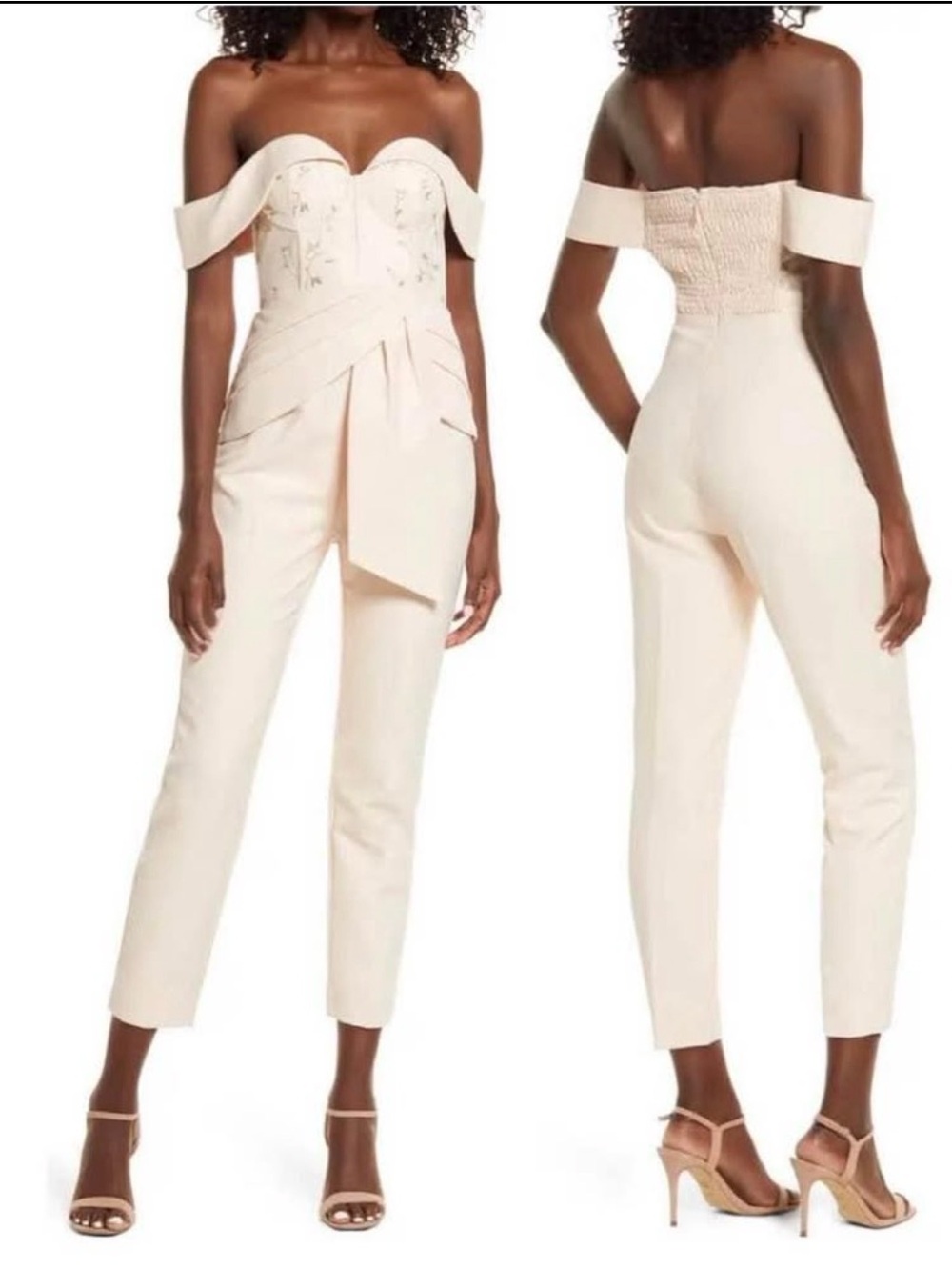 Lavish Alice Cream Off-Shoulder Strapless Jumpsuit with Draped Waist Tie